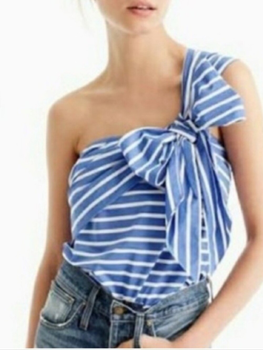 J.Crew Womens One Shoulder Blouse Size 12 Blue white Stripe Bow Cotton Beach